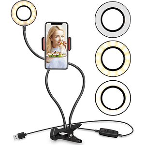 Selfie Ring Light with Cell Phone Holder Stand for Live Stream/Makeup, Clip on, Flexible Arms